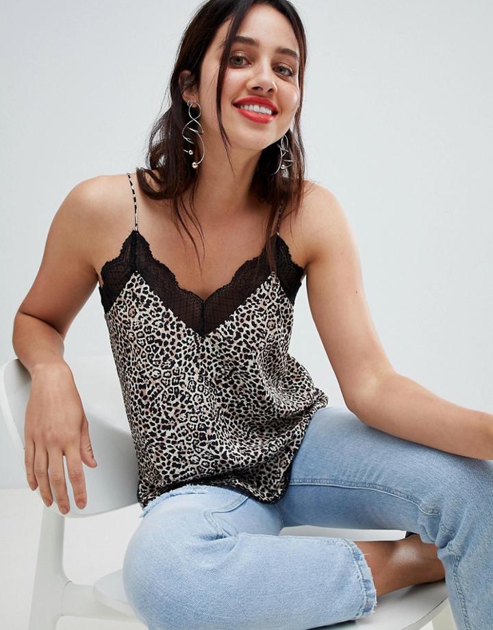 Stradivarius Lace Trim Camisole In Leopard Print - Multi