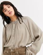 Weekday Button Through Balloon Sleeve Blouse In Taupe Gray - Gray