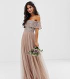 Maya Petite Bridesmaid Bardot Maxi Tulle Dress With Tonal Delicate Sequins In Taupe Blush - Brown