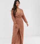 Asos Design Petite Maxi Dress With Batwing Sleeve And Wrap Waist In Scatter Sequin-brown