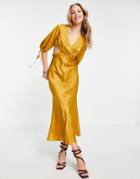Asos Design Satin Midi Dress With Pleated Waist Detail And Button Front-yellow
