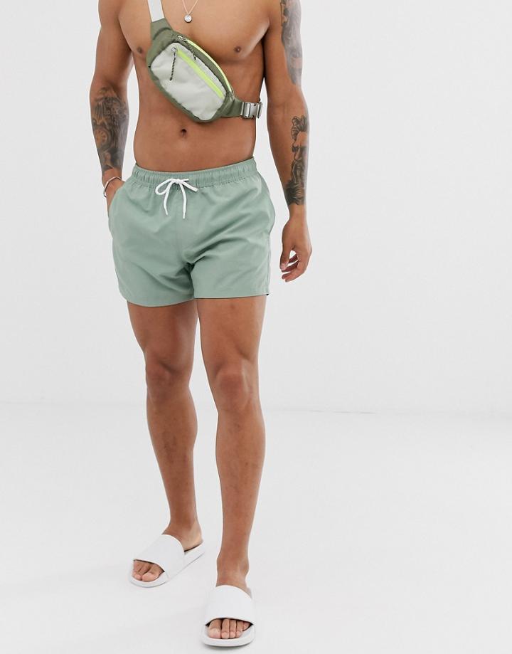 Asos Design Swim Short In Pale Green Short Length - Blue