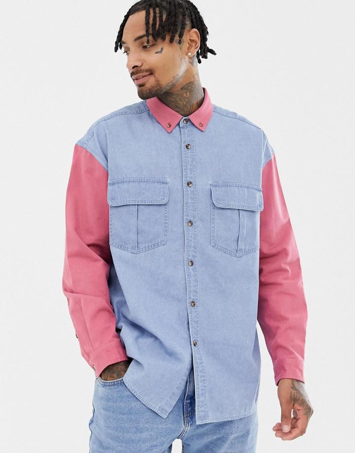 Asos Design Oversized Denim Shirt With Contrast Sleeves And Collar-blue