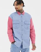 Asos Design Oversized Denim Shirt With Contrast Sleeves And Collar-blue