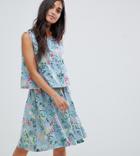 Brave Soul Petite Celeste Double Layer Floral Dress With Pom Pom Trim - Blue