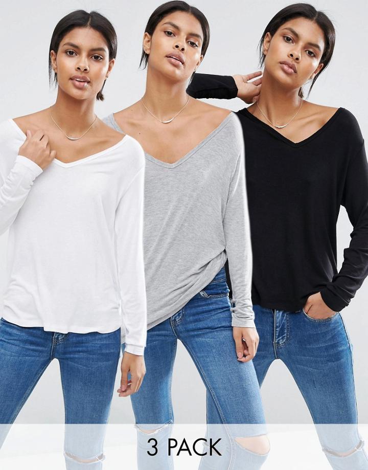 Asos The New Forever T-shirt With Long Sleeves And Dip Back 3 Pack Save 15%