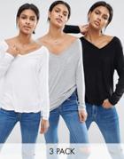 Asos The New Forever T-shirt With Long Sleeves And Dip Back 3 Pack Save 15%