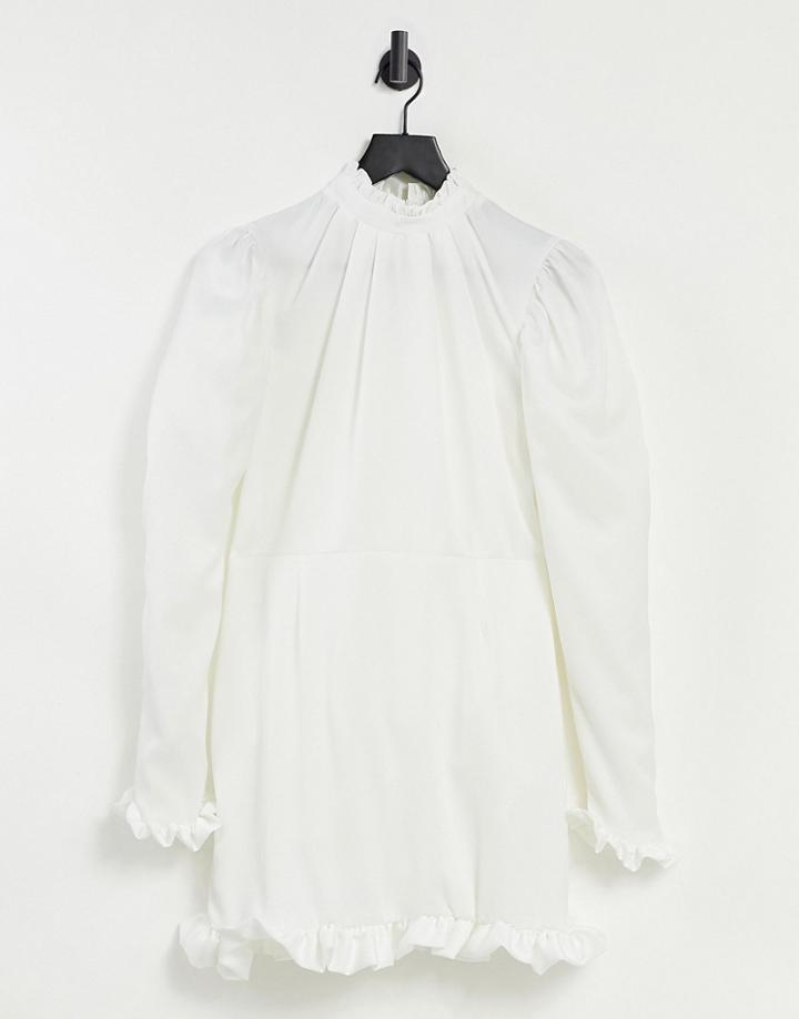 John Zack Ruffle Neck And Cuff Detail Mini Shift Dress In Ecru-white