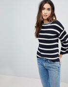 Brave Soul Treen Stripe Sweater With Wide Sleeves - Navy