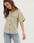 Asos Design Short Sleeve Utility Shirt In Linen Look - Stone