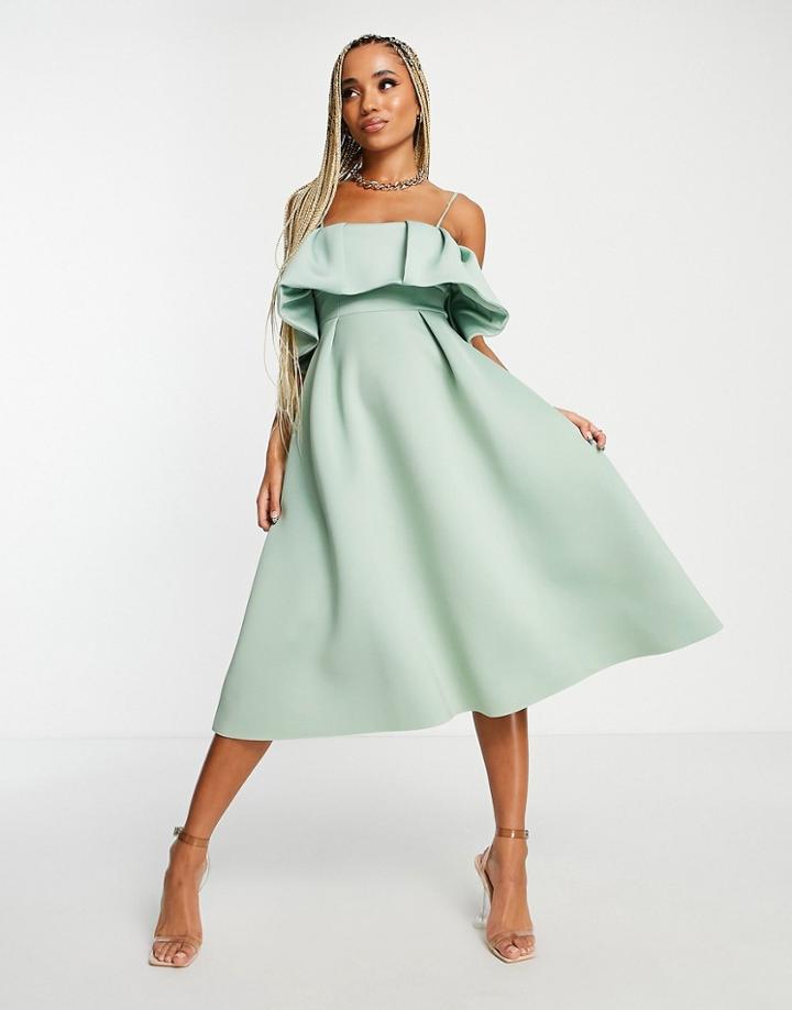 Asos Design Fan Detail Midi Prom Dress In Sage-multi
