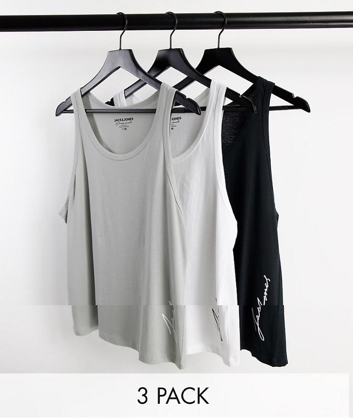 Jack & Jones Originals 3 Pack Tank With Script Logo In Black/white/gray-grey