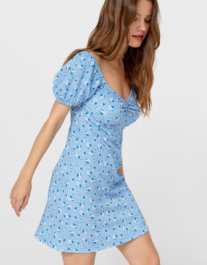 Stradivarius Milkmaid Mini Dress In Blue Floral-blues