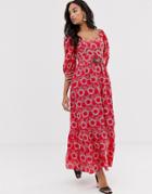 Asos Design Premium Sweetheart Broderie Maxi Dress With Buckle Belt - Red