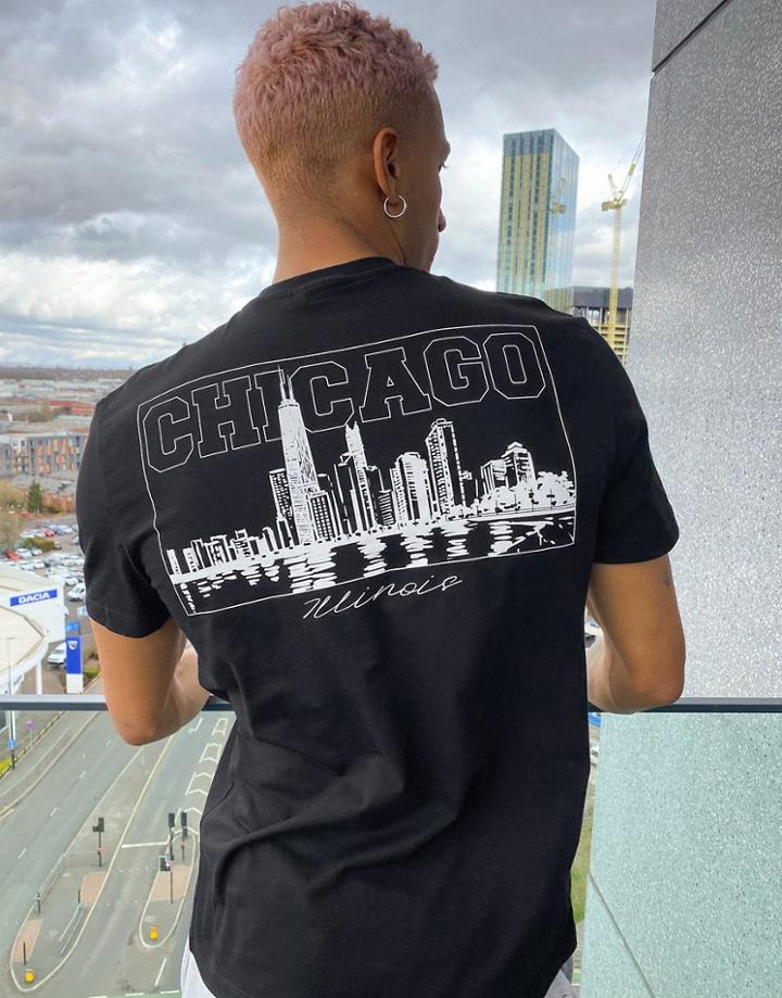 Asos Design Organic Cotton T-shirt In Black With Chicago City Print