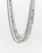 Asos Design Multirow Necklace With Mixed Hardware Chains And Crystal In Silver - Silver