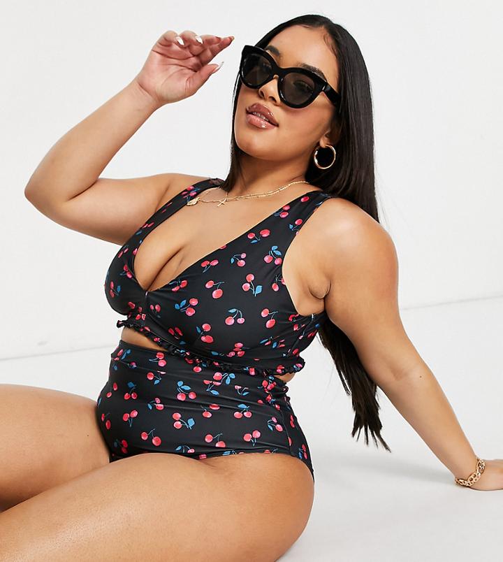 Asos Design Curve High Waist Bikini Bottom In Cherry Print-multi
