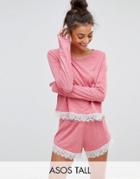 Asos Tall Exclusive Lace Long Sleeve And Short Set - Red