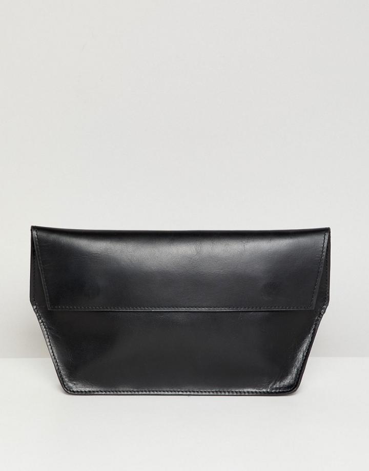 Asos Design Structured Leather Foldover Clutch Bag - Black