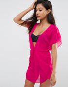 Asos Wrap Front Chiffon Beach Caftan - Hot Pink