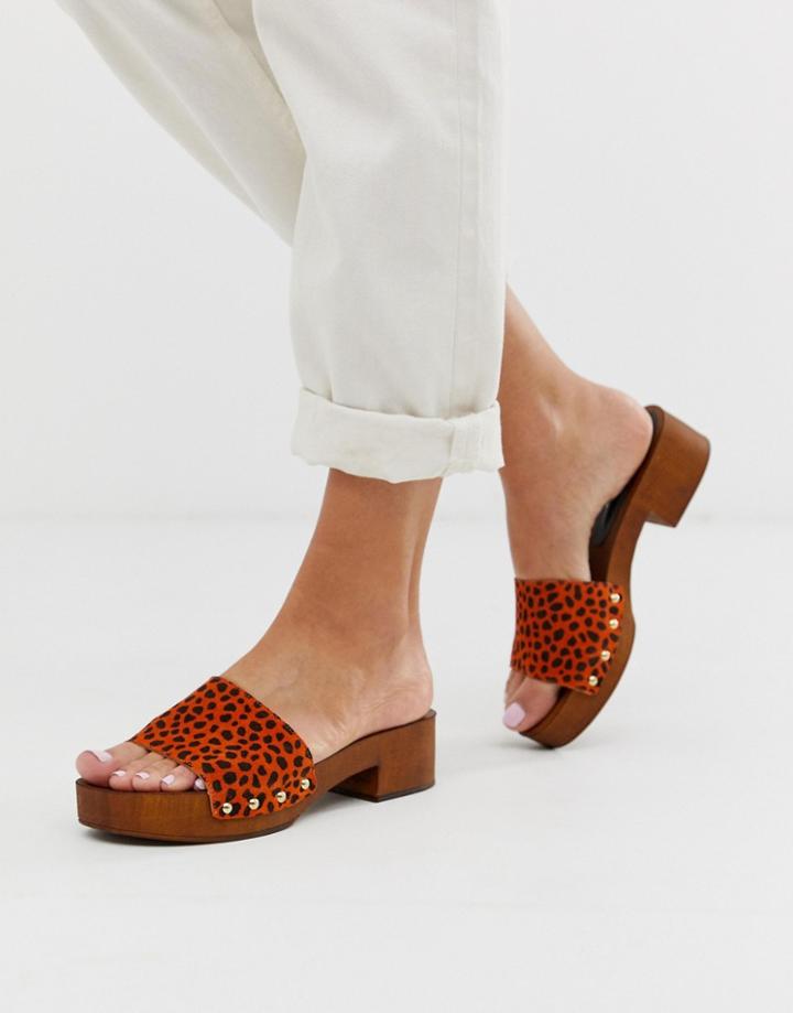 Asos Design Transit Suede Heeled Mule Sandal In Orange Leopard - Multi