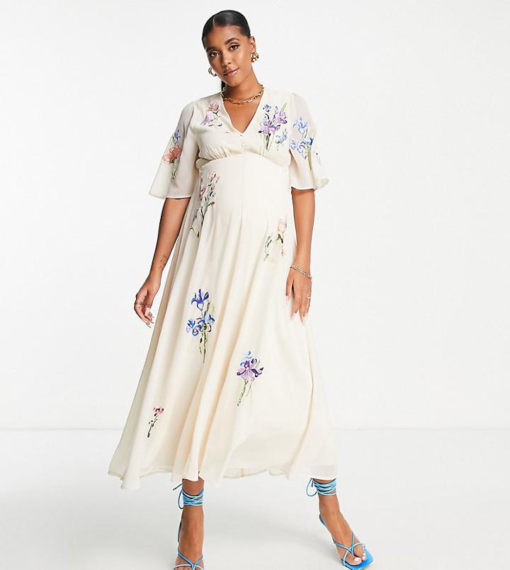 Hope & Ivy Maternity Carmen Embroidered Dress In Cream-white