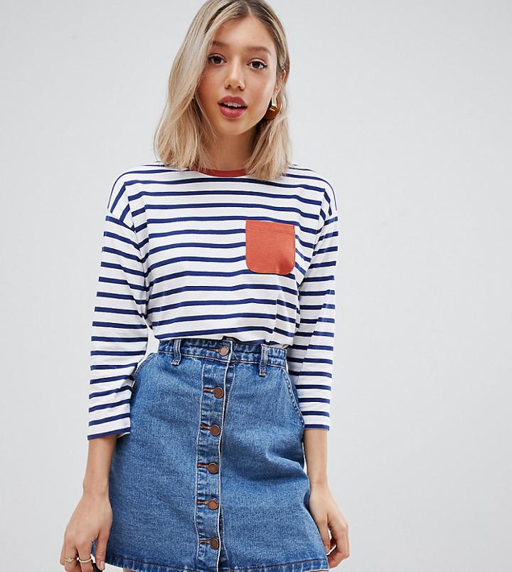 Asos Design Petite Top In Stripe With Long Sleeve And Contrast Pocket Detail-multi