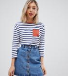 Asos Design Petite Top In Stripe With Long Sleeve And Contrast Pocket Detail-multi