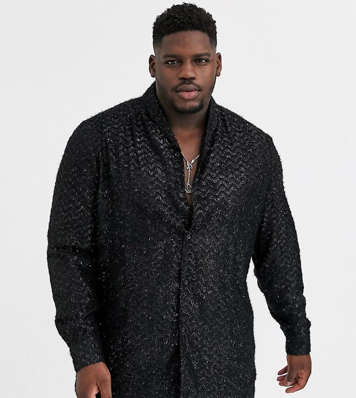 Asos Design Plus All Over Regular Fit Fringed Shirt With Shawl Collar In Black