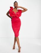 Asos Design Ruffle Cupped Pencil Midi Dress In Hot Pink