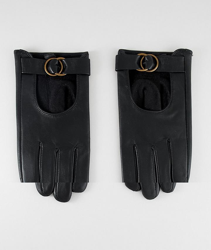 Asos Design Leather Gloves With Circle Detail Hardware - Black