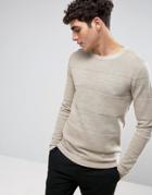 Selected Homme Crew Neck Knitted Sweater In Textured Stripe - Beige