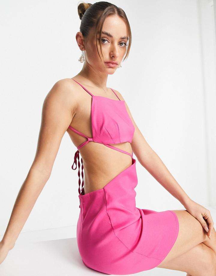 Asos Design Structured Strappy Mini Dress With Square Neck And Tie Detail In Fuchsia-pink