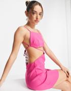 Asos Design Structured Strappy Mini Dress With Square Neck And Tie Detail In Fuchsia-pink