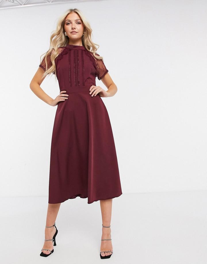 Liquorish A-line Lace Detail Midi Dress In Burgundy-red