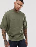 Asos Design Oversized Short Sleeve Sweatshirt In Ribbed Fabric - Green