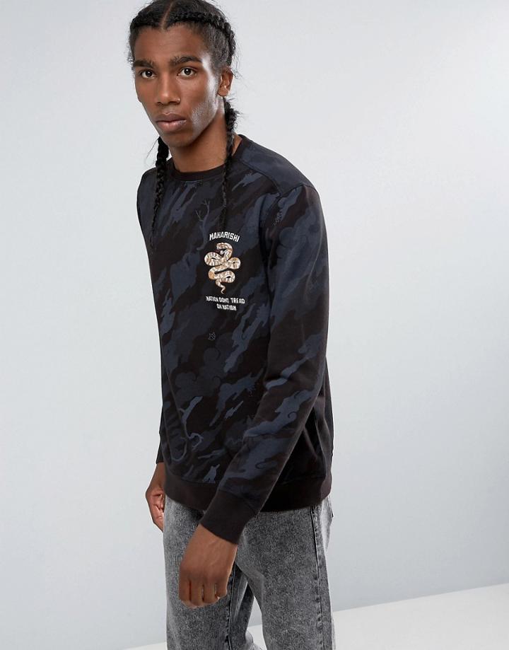 Maharishi Snake Embroidered Camouflage Crew Neck Sweatshirt - Green