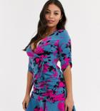 Outrageous Fortune Petite Wrap Front Ruched Mini Dress In Contrast Floral Print-multi