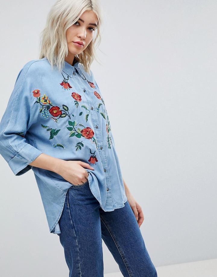 Only Embroidered Denim Shirt - Blue