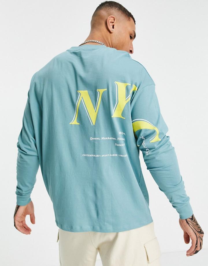Asos Design Oversized Long Sleeve T-shirt In Green Organic Cotton With New York City Sleeve Print
