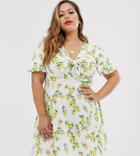 Asos Design Curve Mini Textured Tea Dress With Knot Front In Lemon Print-green
