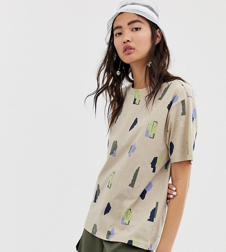 Monki Face Print Oversized T-shirt In Beige - Beige
