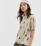 Monki Face Print Oversized T-shirt In Beige - Beige
