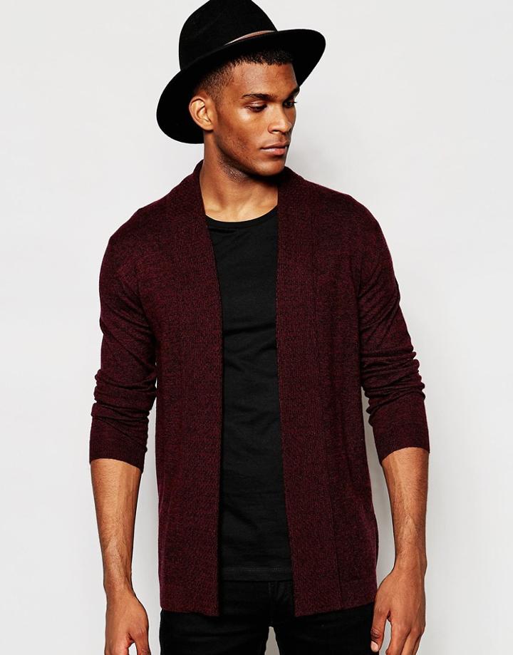 Asos Open Front Cardigan In Merino Wool Mix With Texture Lapel - Burgundy Twist