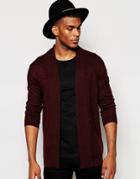 Asos Open Front Cardigan In Merino Wool Mix With Texture Lapel - Burgundy Twist