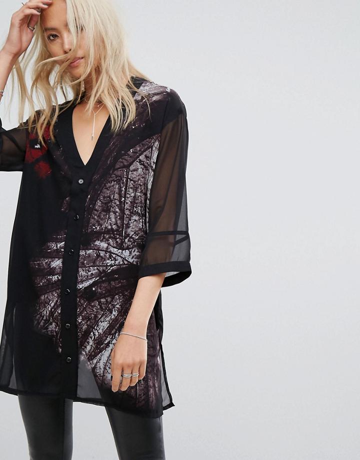 Religion Relaxed Button Front Baseball Dress With Dark Feather Print - Black