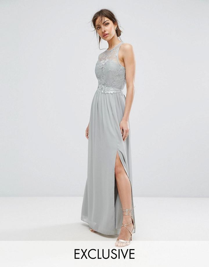 Little Mistress Lace Maxi Dress With Belt - Gray