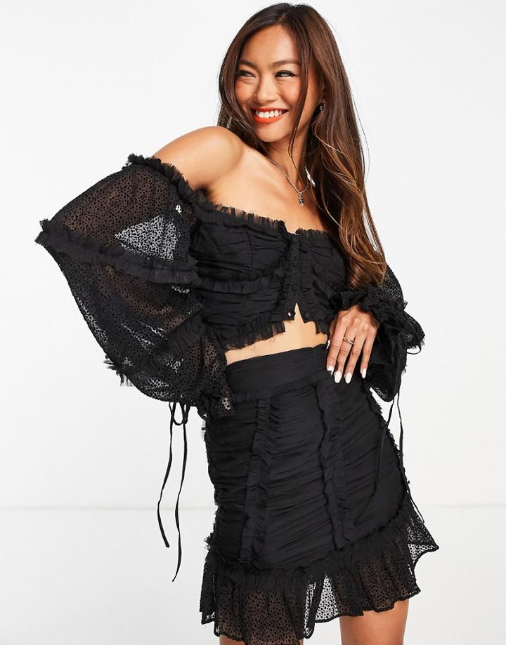 Asos Design Textured Chiffon Crop Top With Button Front Detail In Black - Part Of A Set-multi