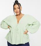 Asos Design Curve Natural Crinkle Top With Side Ties In Sage-green