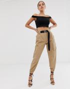 Asos Design High Waist Combat Pants With Belt - Cream